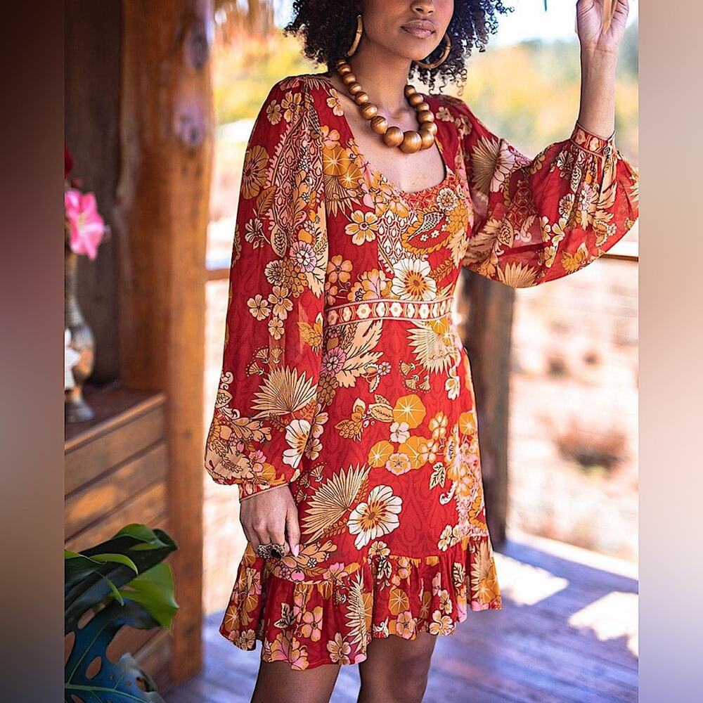 Nine Lives Bazaar Warhol Poinsettia Floral Mini Dress Long Sleeves Ruffle Hem 4